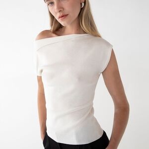 OAK + FORT Asymmetric Off The Shoulder Cap Sleeve Sweater